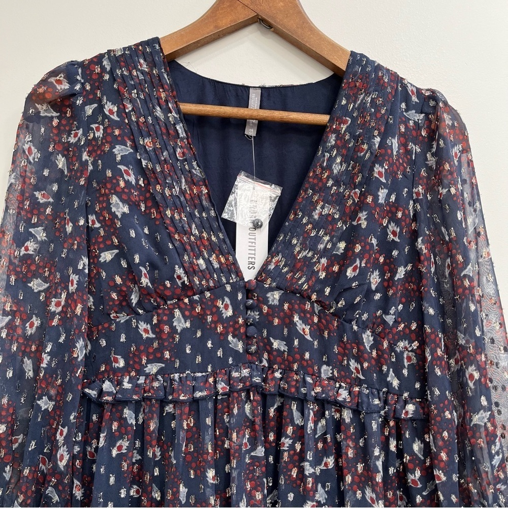 Urban Outfitters Navy Blue Metallic Puff Sleeve Mini Dress Babydoll Size XS - Picture 7 of 15